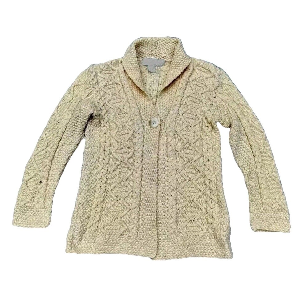 Womens Inis Crafts Size M Cottage Ireland Ivory Merino Wool Cardigan Sweater